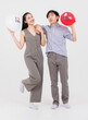 © Bangkok Click Studio - Portrait of young asian happy attractive cheerful couple love Joyful sweethearts holding air balloons for Valentine's day enjoy good time romantic posing to camera smiling standing on white background