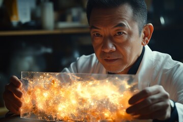 Leinwandbilder - A focused scientist in a laboratory setting holds a glowing object, highlighting the intersection of science, discovery, and human curiosity in exploration.