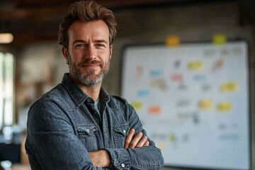 Poster - A casually dressed man stands confidently with arms crossed in a creative workspace, reflecting a relaxed yet focused approach to problem-solving and innovation.