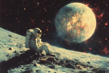 Aufkleber - An astronaut in a spacesuit sits on a cratered lunar surface, gazing thoughtfully at a distant, glowing planet against the backdrop of a starry sky.