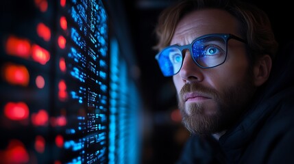 Focused man analyzing data on a screen.