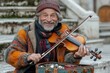 © ChaoticMind - A cheerful violinist, dressed in vibrant, knitted clothing, naturally plays his instrument while seated on outdoor stone steps, spreading music and joy to his surroundings.