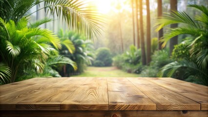 Aufkleber - Wooden Tabletop in a Lush Tropical Garden Paradise