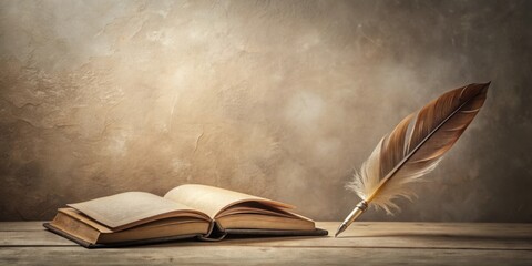 Poster - A Quill Pen Rests Beside an Open Book on a Wooden Table