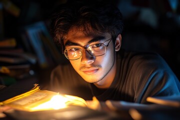 Poster - A young man wearing round glasses reads attentively near a glowing light, symbolizing inquiry, intelligence, and a tranquil focus on literature.