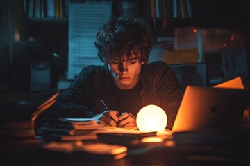 Aufkleber - A young man with curly hair diligently writes in a notebook with a glowing lamp nearby, evoking creativity, dedication, and focus on his task.