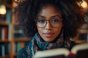 Poster - A young woman with curly hair and glasses reads in a library surrounded by books, exuding warmth, knowledge, and a quiet intellectual elegance.