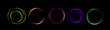 © klyaksun - Neon light circles set isolated on black background. Vector realistic illustration of round yellow, orange, blue, green color portal glowing in darkness, futuristic portal design, abstract space swirl