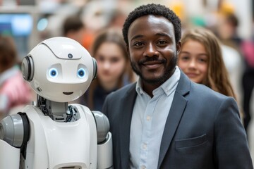 a man stands beside a robot, both smiling at the camera amidst a bustling environment, symbolizing t