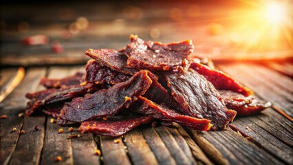 Poster - Aromatic Stack of Spicy Dried Meat on Rustic Wooden Surface