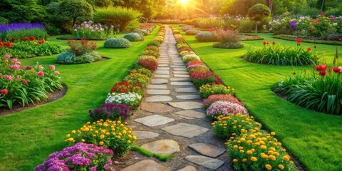 Poster - Serene Garden Path with Vibrant Blossoms and Lush Green Lawn