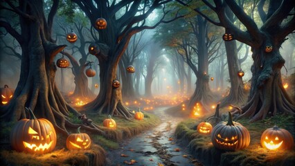 Poster - Enchanted Forest Path Illuminated by Glowing Jack-o'-lanterns on Halloween Night