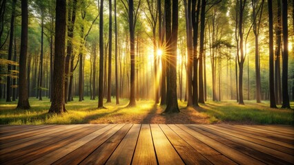 Poster - Serene Sunrise in a Lush Green Forest with Wooden Deck