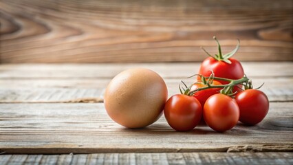 Aufkleber - rustic still life a single egg and vine-ripened tomatoes on weathered wood
