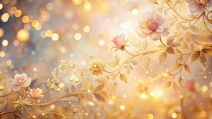Poster - Golden Floral Branch with Delicate Pink Roses and Sparkling Lights