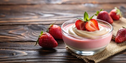 Poster - Layered Strawberry Dessert with Whipped Cream in Glass Bowl on Wooden Table