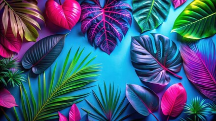 Aufkleber - Vibrant Tropical Foliage Arranged on a Bright Blue Background