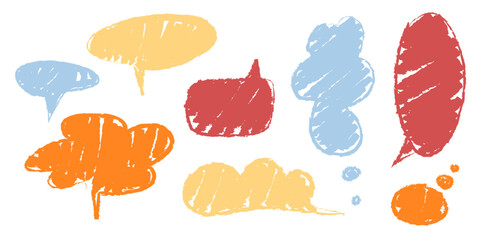 Poster - Colorful crayon textured speech bubble collection - dialogue shapes in rough sketchy style and pastel colors. Oval, cloud and rectangular chat frames. Hand drawn communication talk balloon elements.