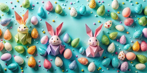 Poster - Pastel Origami Rabbits and Decorated Eggs for a Festive Spring Celebration