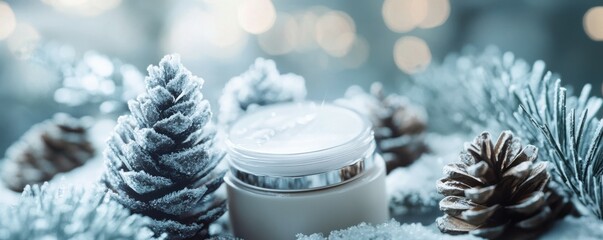 Canvas Print - A skincare ad featuring winter-themed packaging with frosty details and pinecones, 4K photo.