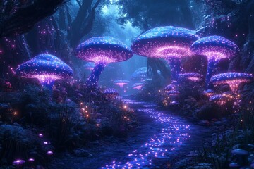Poster - A mystical forest pathway illuminated by bioluminescent mushrooms, creating an enchanting atmosphere reminiscent of fairy tales and dreams as the light softly glows.