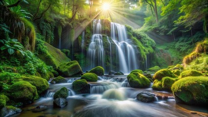 Poster - Serene Waterfall Cascading Through Lush Mossy Landscape Bathed in Sunlight