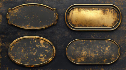 Gold or brass old plates, golden shabby name plaques with gaps empty mockup. Metal dirty identification tags, badges round, oval and rectangular frames for nameplate with grime realistic 3d vector set