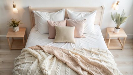 Poster - Cozy bedroom with neutral tones and textured knit throw