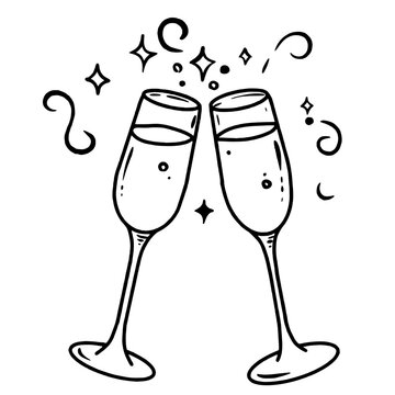 Sparkling wine glasses clink Valentines day Hand drawn doodle line art illustration love elements greeting card decoration 