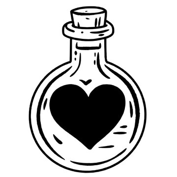 Heart in a bottle Valentines day Hand drawn doodle line art illustration love elements greeting card decoration 