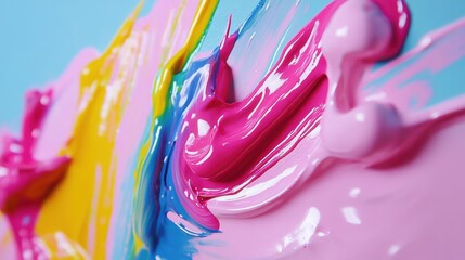 Poster - Bright and expressive paint strokes blend pink, yellow, and blue colors, creating a lively abstract design on a blue backdrop