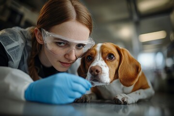 Aufkleber - A focused scientist in safety goggles examines alongside a beagle in a laboratory, emphasizing scientific research, attention to detail, and human-animal collaboration.
