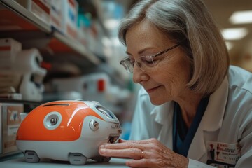 Aufkleber - An older female scientist interacts with a small orange robot in a laboratory setting, showcasing a blend of technology and human expertise in robotics.