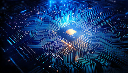 Poster - Stunning close-up of a glowing circuit board, perfect for tech, AI, and digital concepts.