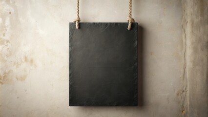 Poster - Blank Rustic Slate Sign Hanging on Rope Against Weathered Wall