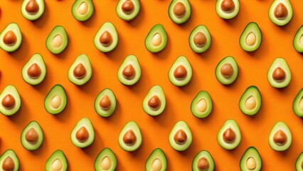 Poster - Vibrant avocado halves arranged in a repeating pattern on a bright orange background