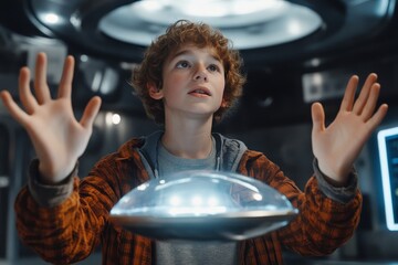Aufkleber - A young boy reaches towards a floating, luminous object inside a high-tech lab, showcasing his fascination with futuristic technologies and exploration.