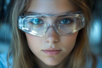 Aufkleber - A focused close-up image of a young woman wearing safety goggles, with her eyes expressing intense concentration and determination in a scientific environment.
