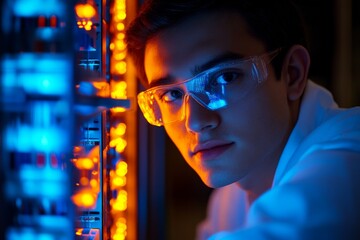 Leinwandbilder - A young male scientist in a laboratory coat and wearing safety goggles works near an illuminated server rack, symbolizing the intersection of science and data technology.