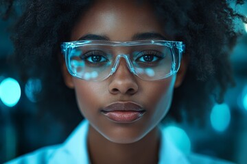 Aufkleber - A lab technician with protective goggles focuses on her work amidst the bright, blue-lit ambiance of a high-tech laboratory, highlighting dedication and scientific advancement.
