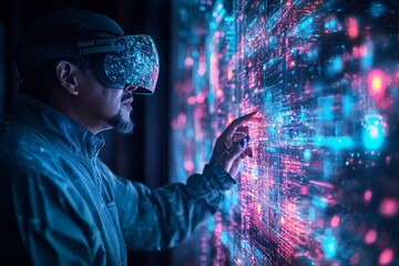 Poster - A man wearing VR glasses interacts with a vivid, complex digital data visualization in a futuristic, tech-inspired setting, showcasing innovation and technology.