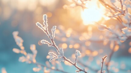 Wall Mural - delicate frost covers tree branches as soft sunlight filters through, creating a peaceful winter atm