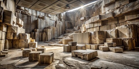 Fototapete - Sunlit Stone Blocks in an Interior Quarry Setting