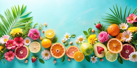 Poster - Vibrant Summer Citrus Fruits and Blossoms Arranged on a Teal Background