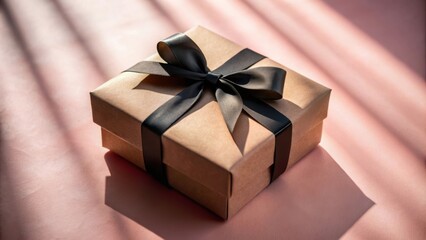 Poster - A thoughtfully wrapped gift box with a black ribbon, bathed in sunlight