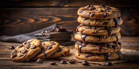 Poster - A stack of decadent chocolate chip cookies drizzled with rich chocolate ganache, accompanied by additional cookies and chocolate pieces on a rustic wooden surface.