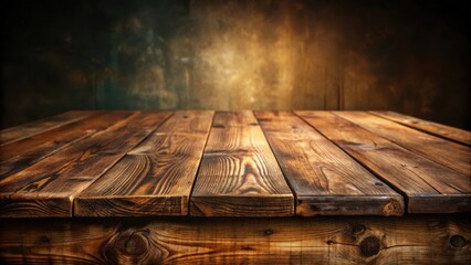 Poster - Rustic Wooden Tabletop Against a Dark, Textured Background, Perfect for Product Displays or Food Photography