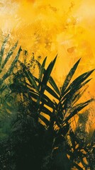 Aufkleber - Vivid brushes of color portray dark leaves against an enchanting golden-orange backdrop, evoking the serene ambiance of twilight merging with nature's beauty