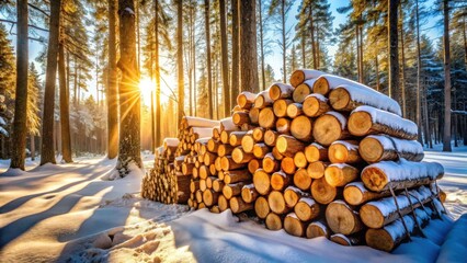Poster - Winter Sunrise in a Snow Covered Forest with Stacked Logs