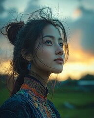 Women's day concept. Portrait of a woman wearing a traditional outfit, with an empowering gaze, standing outdoors under soft morning light, skin detailed, raw file 4k, shot with DSLR